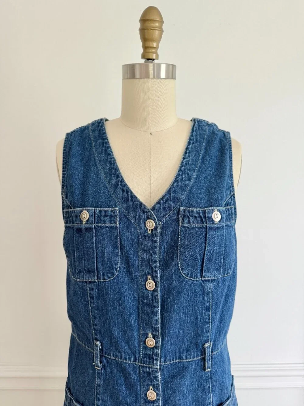 Vintage Denim Sleeveless Button-Front Maxi Dress with Pockets - Picture 2 of 7